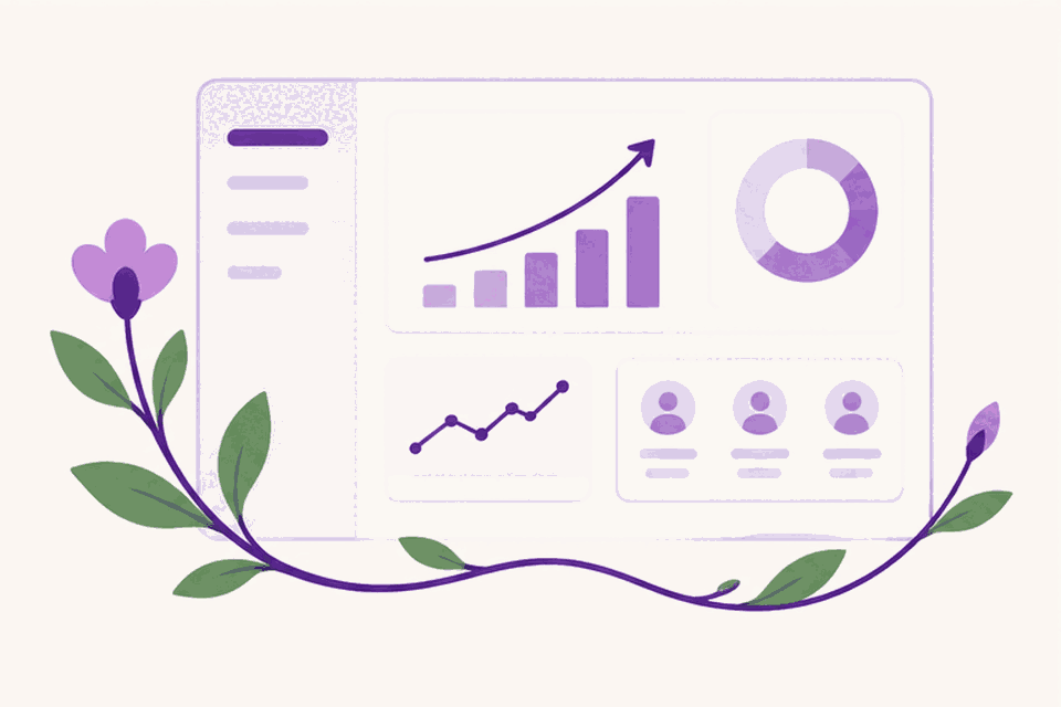 A dashboard with a rising bar chart, a line chart, a donut chart, and three contact avatars — a vine with leaves and small flowers curves around it.